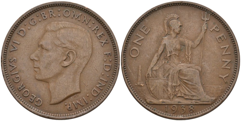 Великобритания 1 пенни 1938 Георг VI (1936-1952) KM 845, Spink 4114 бронза 4574-124