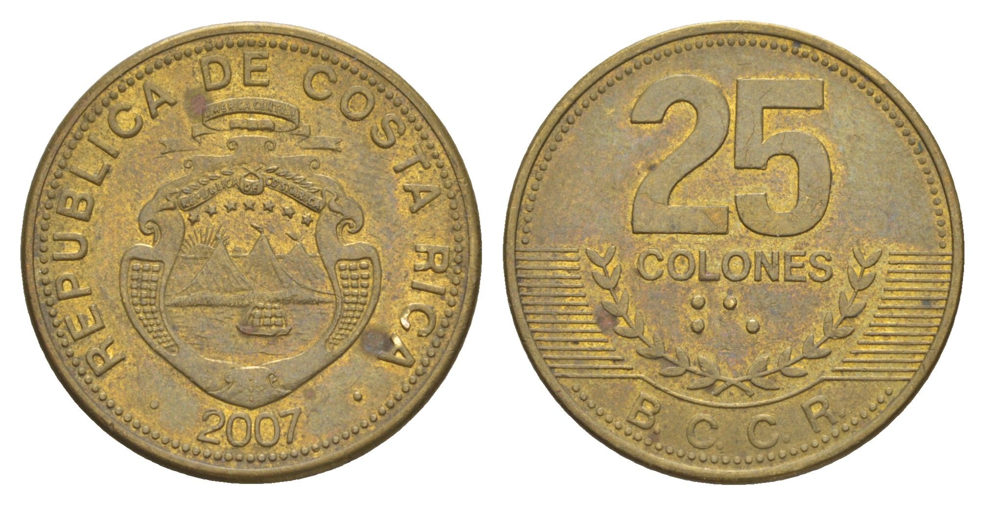 Коста-Рика 25 колонов 2007 KM 229c сталь плакированная латунью 4633-1025