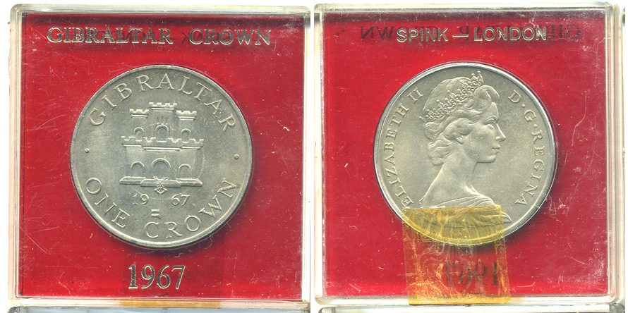 Гибралтар 1 крона 1967 Елизавета II (1952-2022), старый замок, в оригинальной пластиковой коробке, первый год чекана KM 4 медно-никель UNC 6-6-1-13