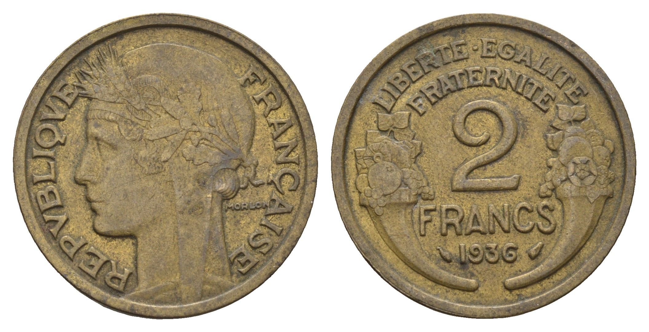 Франция 2 франка 1936 KM 886, Le Franc 268.9 алюминиевая бронза 4121-323