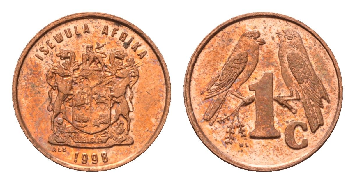 ЮАР 1 цент 1998 герб, капские воробьи KM 170 сталь плакированная медью UNC 4694-226