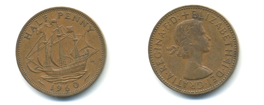 Великобритания 1/2 пенни 1960 Елизавета II (1952-2022) KM 896, Spink 4158 бронза 59-1121