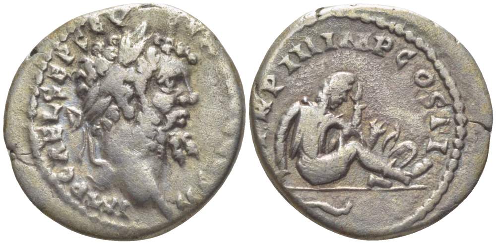 Римская Империя денарий 195 Септимий Север, IMP CAE L SEP SEV PERT AVG COS II, бюст императора / TR P III IMP COS II, сидящий пленник, Эмесса, 2,62 гр RIC 433var. серебро 1073-18-55