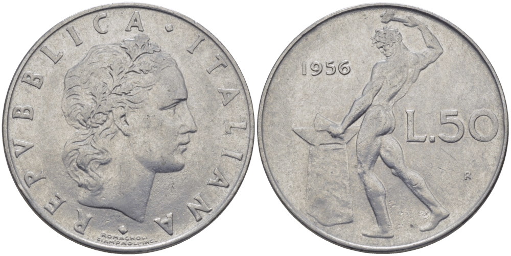 Италия 50 лир 1956 R, бог огня Вулкан у наковальни KM 95.1 нержавеющая сталь 28-131