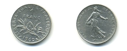 ФРАНЦИЯ 1 ФРАНК 1960 СЕЯТЕЛЬ KM 925.1, LE FRANC 226.4 никель 54-1724