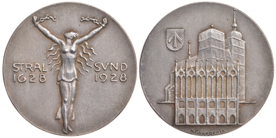 Померания медаль 1928 300 лет обороне Валленштайна, диаметр 36 мм, вес 18,8 г, тираж 50 экземпляров!! Hasselmann 257 серебро UNC 00-815-05