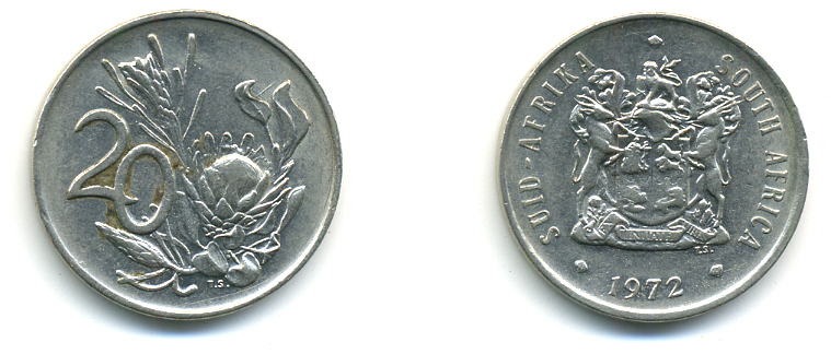 ЮАР 20 ЦЕНТОВ 1972 ГЕРБ, ЦВЕТОК ПРОТЕЯ KM 86 никель 86-1244