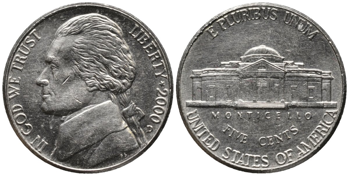 США 5 центов 2000 D, Джефферсон KM А192 медно-никель UNC 4577-1213