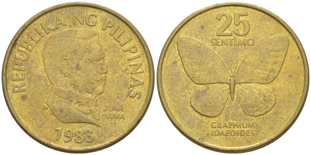 ФИЛИППИНЫ 25 СЕНТИМО 1983 БАБОЧКА, ХУАН ЛУНА KM 241.1 латунь 4551-1145
