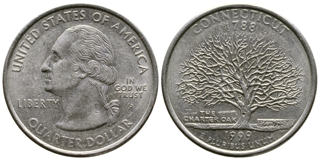США 25 центов = квотер 1999 Р, серия штаты США, Коннектикут KM 297 медь плакированная медно-никелем 56-1242
