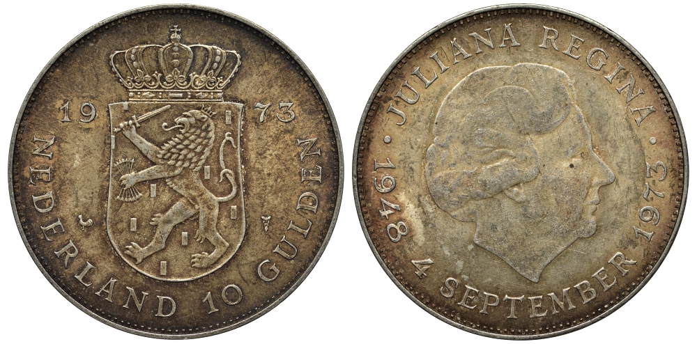 Нидерланды 10 гульденов 1973 25 лет правления королевы Юлианы KM 196 серебро 443-824