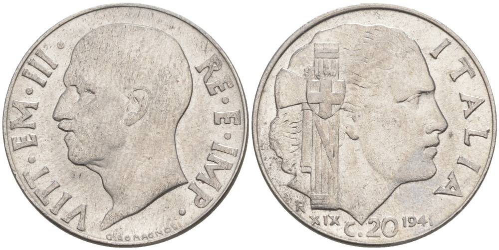 ИТАЛИЯ 20 ЧЕНТЕЗИМО 1941 R, ГОД XIX, ВИКТОР ЭММАНУИЛ III (1900-1946) KM 75b, VEM3. 1028 нержавеющая сталь 3853-553