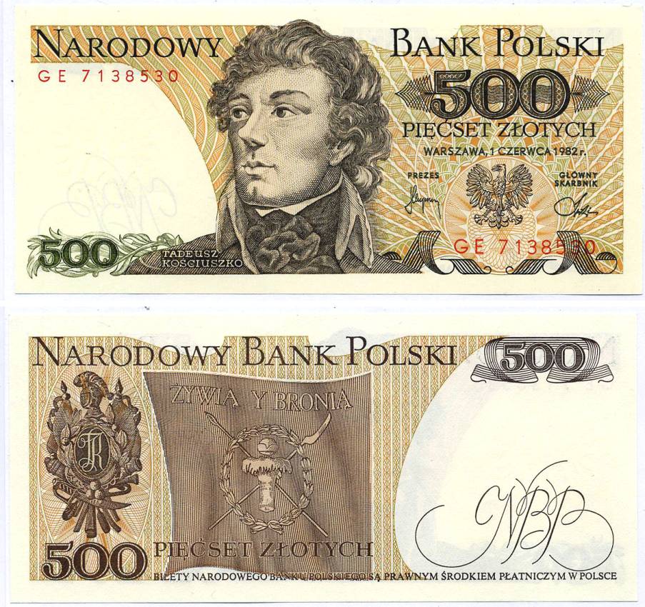 Польша 500 злотых 1982 Тадеуш Костюшко Pick 145 d бумага aUNC 8595-18-1-1