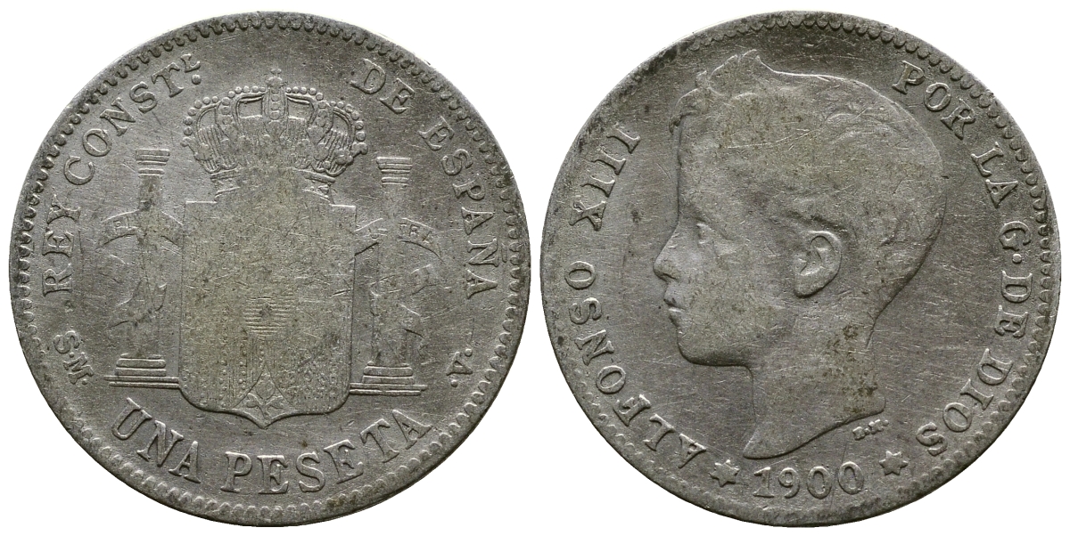 ИСПАНИЯ 1 ПЕСЕТА 1900 (00) SM-V, АЛЬФОНСО XIII (1886-1931) KM 706 (Y88) серебро 3334-211