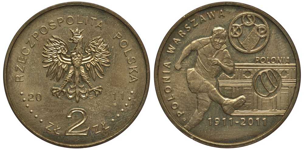 Польша 2 злотых 2011 серия польские футбольные клубы, Полония (Варшава) KM 799 латунь 111-521