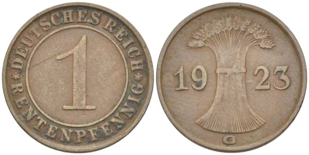 Германия 1 рентенпфенниг 1923 G KM 30, J. 306 бронза 66-822