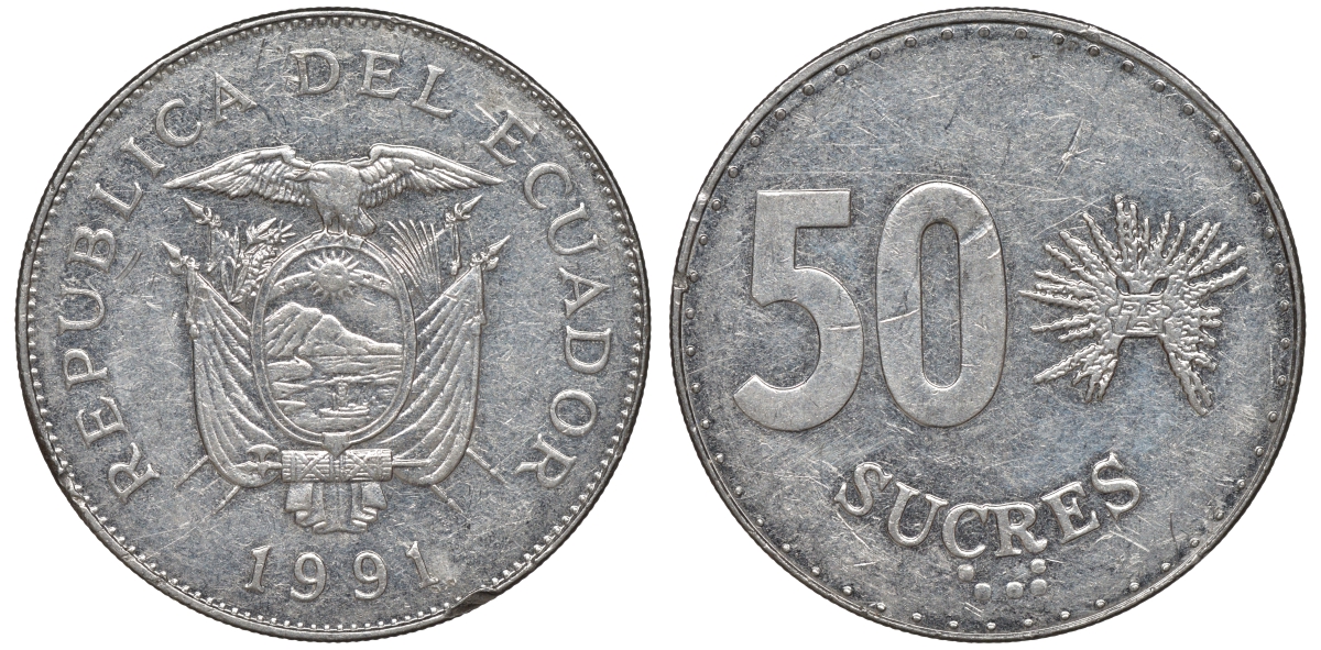 Эквадор 50 сукре 1991 KM 93 сталь плакированная никелем 4607-313