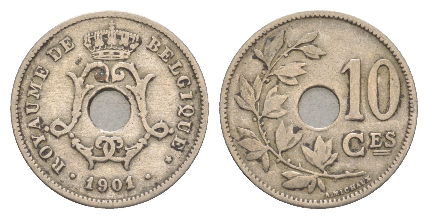 Бельгия 10 сантимов 1901 Belgique, Леопольд I (1865-1909) KM 48 медно-никель 4615-941