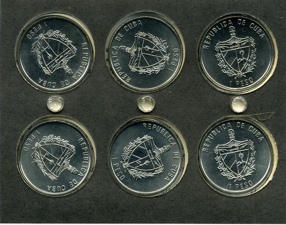 Куба набор из 6 монет по 1 песо 1997 карибская флора, эмаль, в оригинальном буклете KM 619,620,621,737,738,722 медно-никель UNC 7-4-2-41