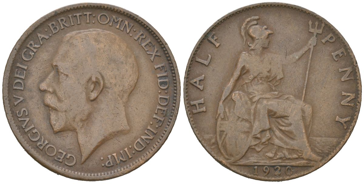 Великобритания 1/2 пенни 1920 Георг V (1910-1936) KM 809, Spink 4056 бронза 4616-736