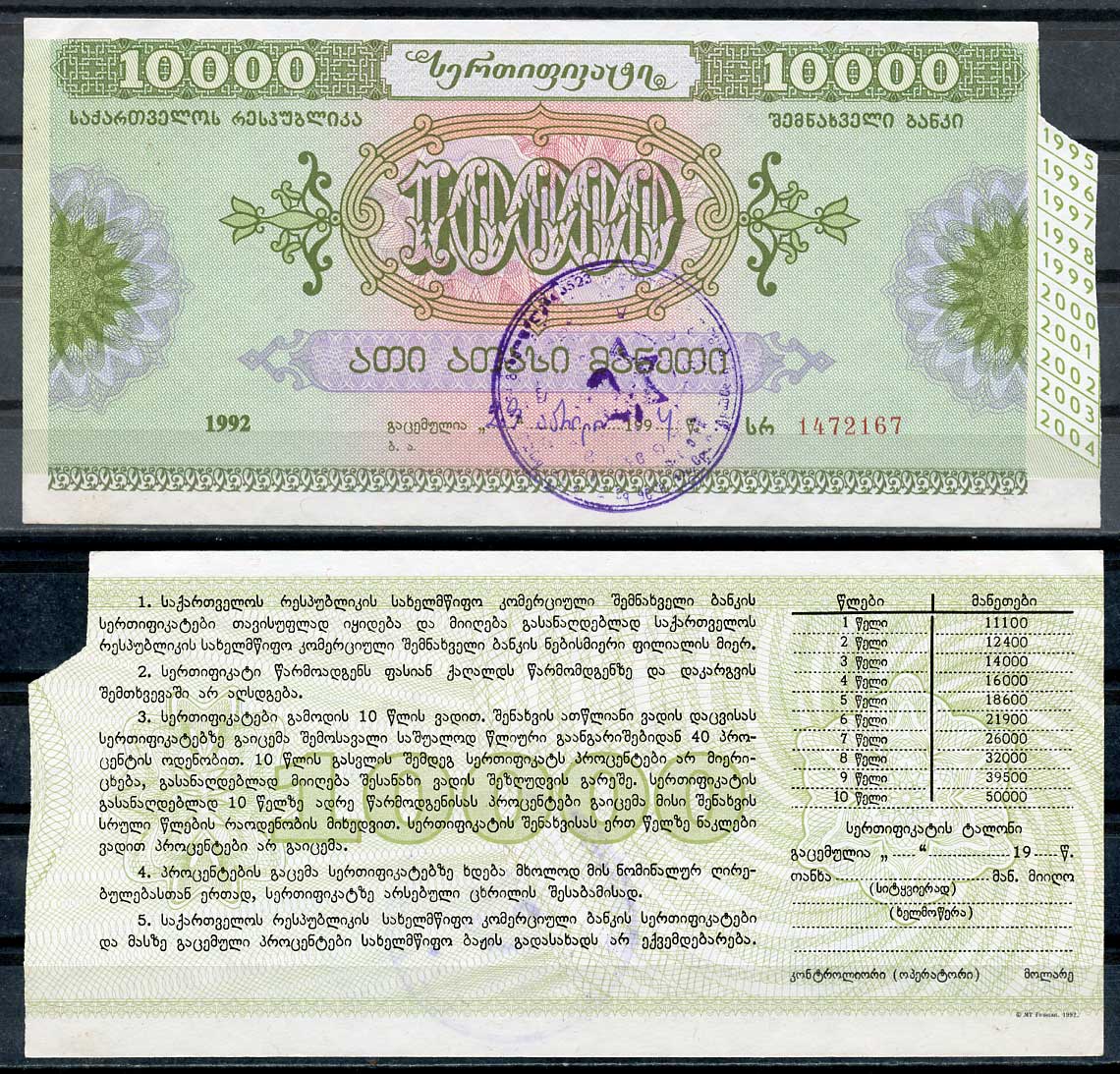 Грузия 10000 рублей 1992 сертификат сбербанка   бумага  aUNC 446-66-1