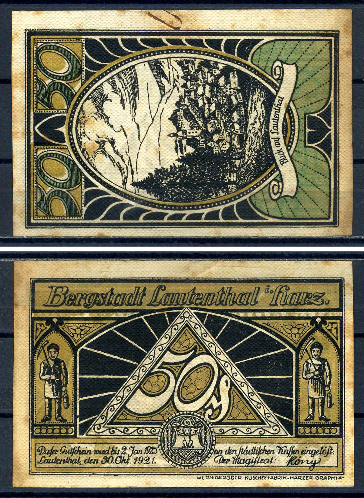 Лаутенталь (Харц, Ганновер, Нижняя Саксония) 50 пфеннигов 1921 вид на Лаутенталь Mehl Grabowski 778.1-1/12 картон aUNC 7556-1-3-1