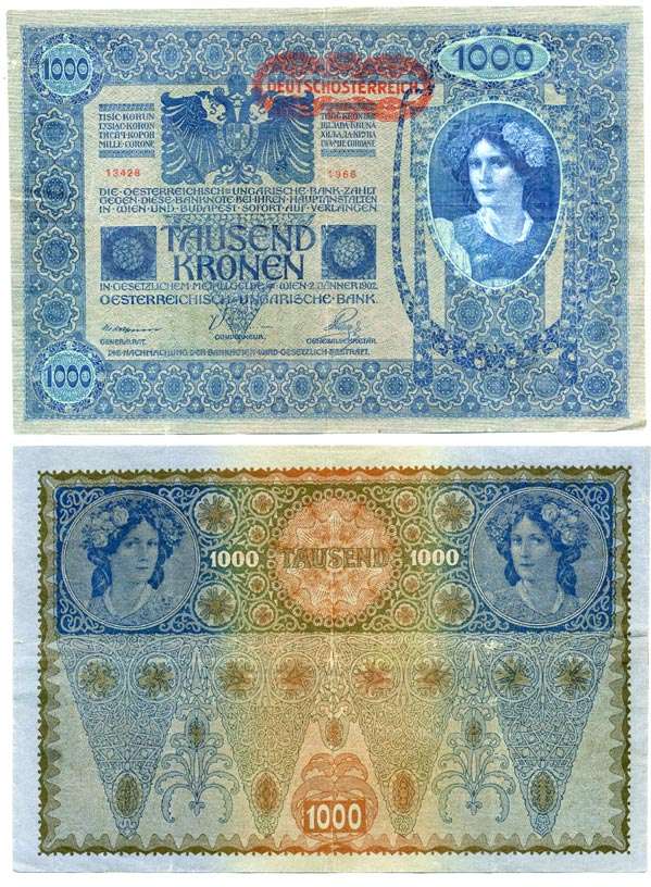 АВСТРИЯ 1000 КРОН 1919 КРАСНАЯ ГОРИЗОНТАЛЬНАЯ НАДПЕЧАТКА НА 1902 Pick 60 бумага 6262-13-1-1