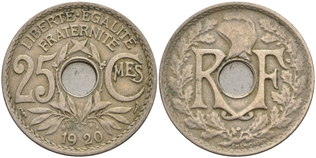 Франция 25 сантимов 1920 KM 867a, Le Franc 171.7 медно-никель 4142-1252