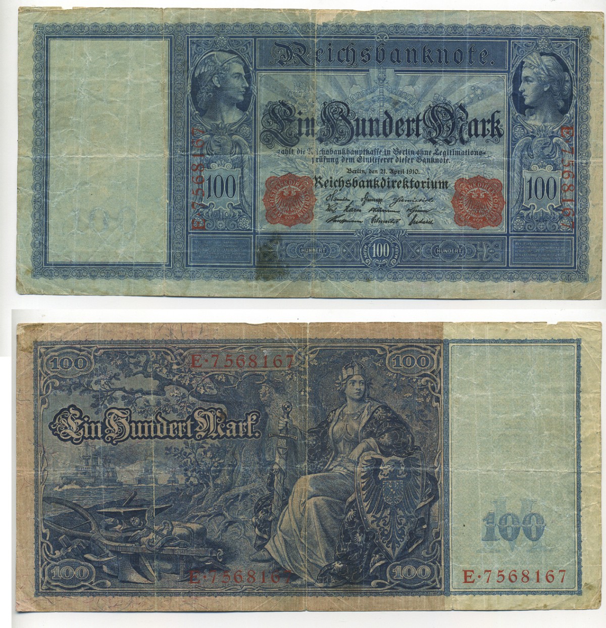 ГЕРМАНИЯ 100 МАРОК 1910 21 АПРЕЛЯ 1910, КРАСНАЯ СЕРИЯ Pick 42 бумага 7217-45-1