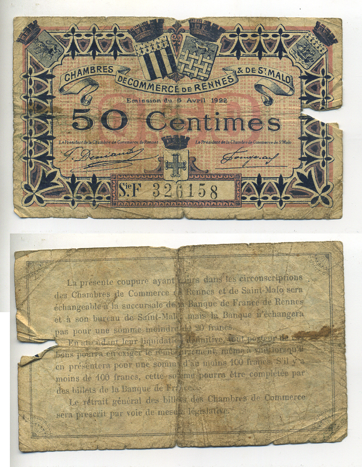 Франция 50 сантимов 1922 РЕГИОНАЛЬНЫЙ БОНН, НОТГЕЛЬД, КОМЕРЧЕСКАЯ ПАЛАТА ГОРОДОВ РЕНН И СЕН-МАЛО бумага 7552-29-4