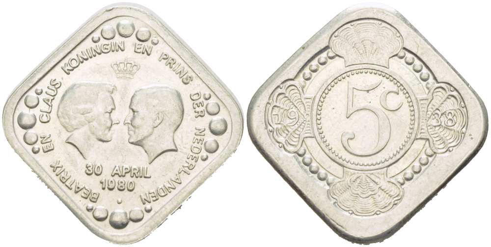 НИДЕРЛАНДЫ ЖЕТОН 1980 КОРОНАЦИЯ КОРОЛЕВЫ БЕАТРИКС 30 АПРЕЛЯ 1980, БЕАТРИКС И ПРИНЦ КЛАУС медно-никель 217-354