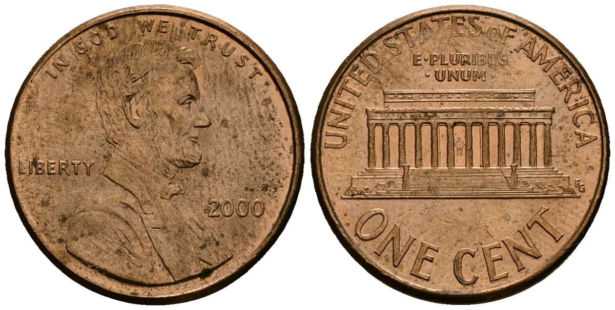 США 1 цент 2000 Линкольн KM 201b цинк плакированный медью 4136-349