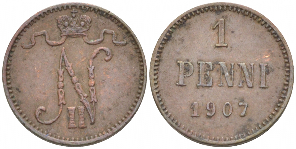 РОССИЯ ДЛЯ ФИНЛЯНДИИ 1 ПЕННИ 1907 НИКОЛАЙ II KM 13, Биткин 468 медь 4396-1329
