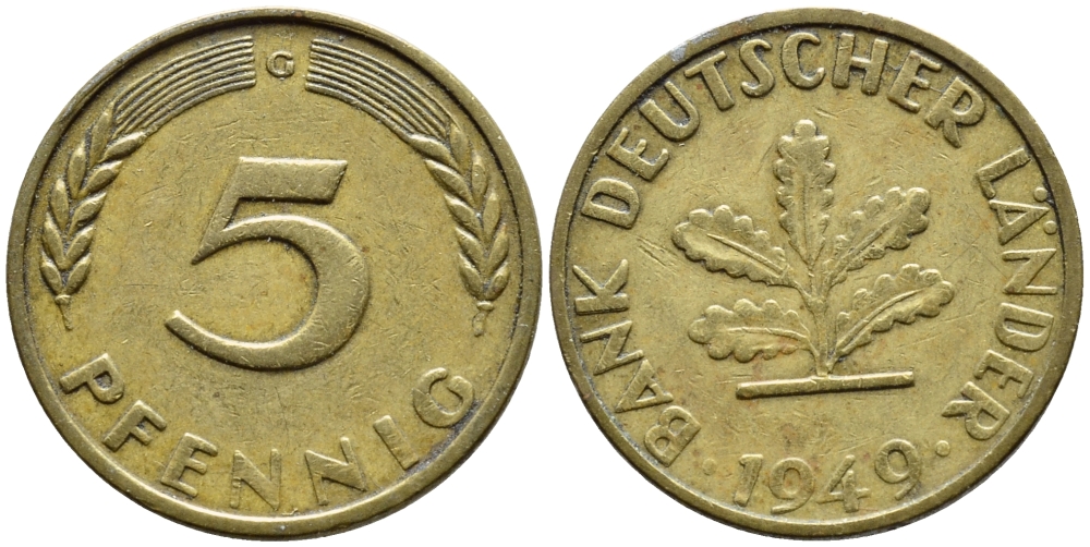 ФРГ 5 ПФЕННИГОВ 1949 G KM 102, J. 377 сталь плакированная латунью 4392-1019