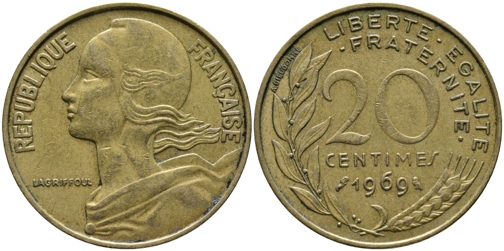 ФРАНЦИЯ 20 САНТИМОВ 1969 KM 930 медь алюминий никель 98-331