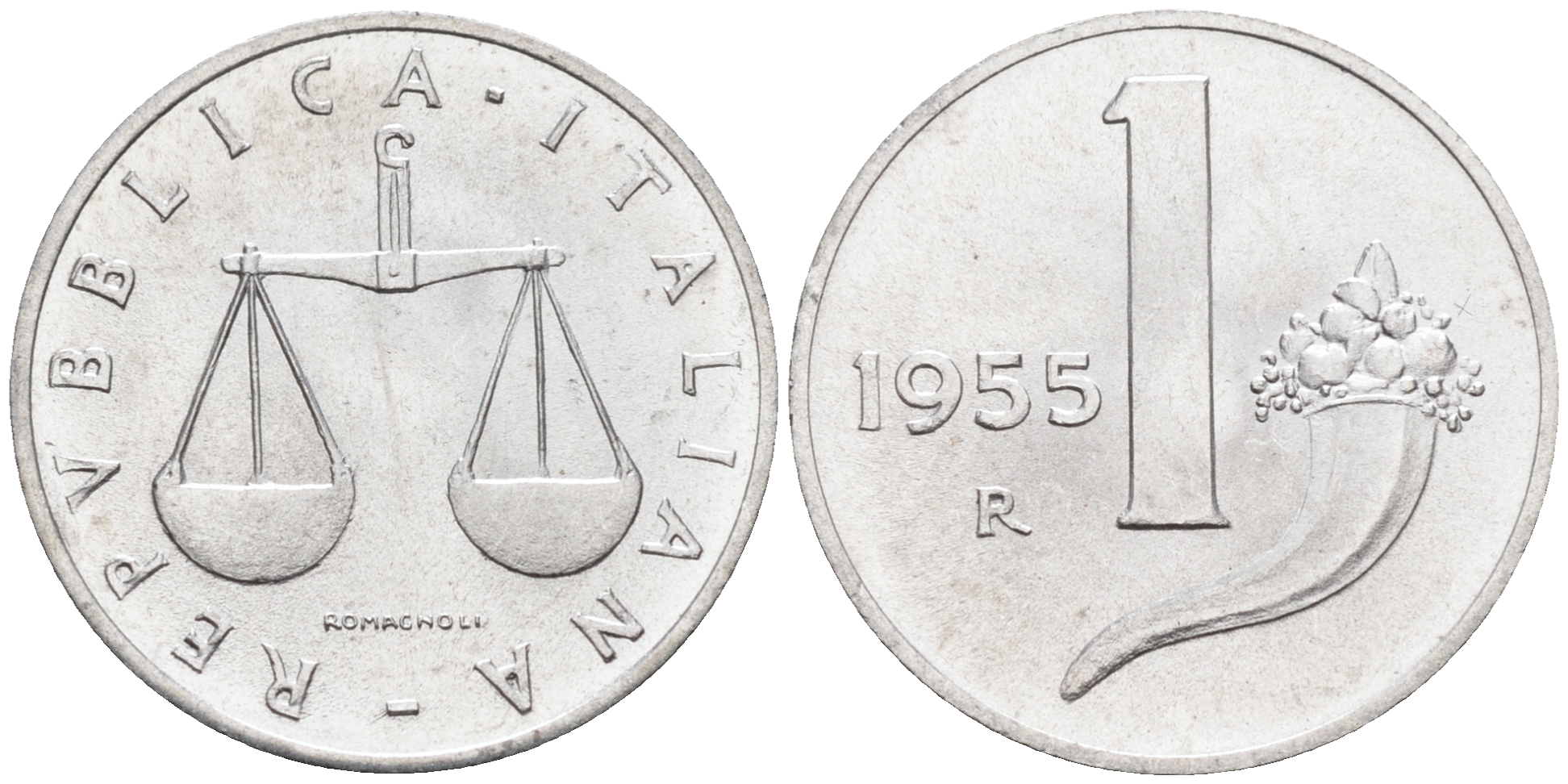 Италия 1 лира 1955 R, весы KM 91 алюминий  UNC  4594-731