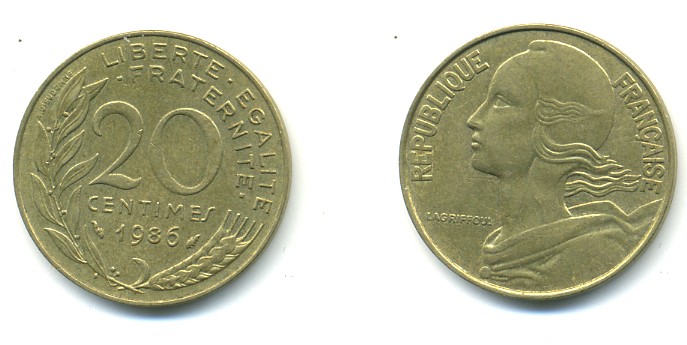 ФРАНЦИЯ 20 САНТИМОВ 1986 KM 930 медь алюминий никель 25-253