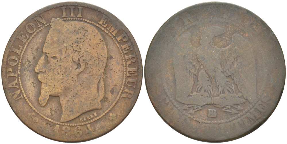 ФРАНЦИЯ 5 САНТИМОВ 1864 BB, НАПОЛЕОН III (1852-1870) KM 797.2, LE FRANC 117.12 бронза 217-222