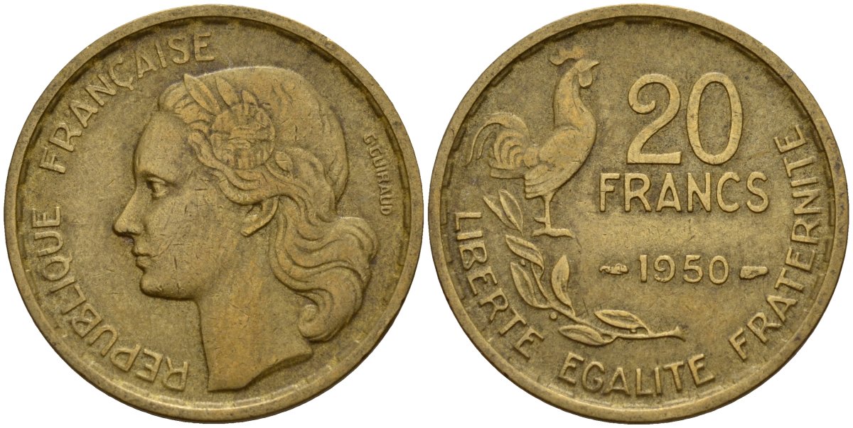 Франция 20 франков 1950 B, Петух KM 917.1 алюминиевая бронза 4159-931