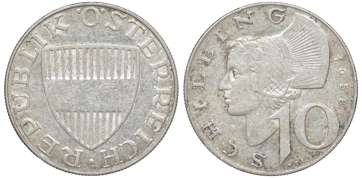 Австрия 10 шиллингов 1958 KM 2882 серебро 4178-1142