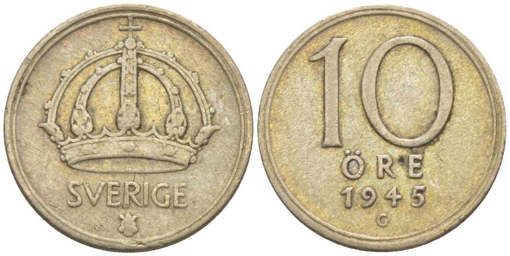 Швеция 10 эре 1945 G, Густав V (1907-1950) KM 813 серебро 116-1164