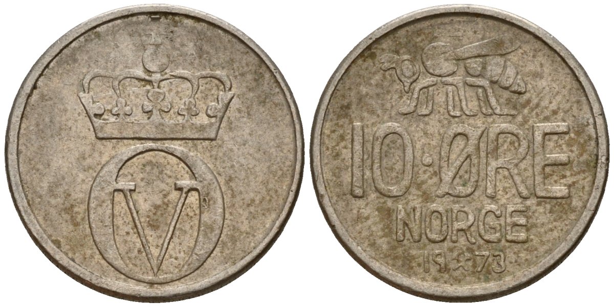 Норвегия 10 эре 1973 пчела, Улаф V (1958-1991) KM 411 медно-никель 4154-767