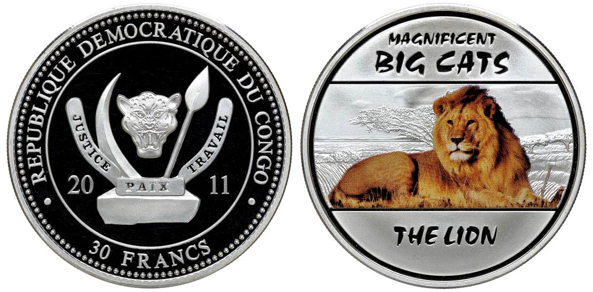 Конго набор из 4 монет по 30 франков 2011 серия 'Величественные крупные кошки', тигр, леопард, гепард, лев, вес каждой монеты 20 гр., тираж 3000 наборов, эмаль, в оригинальной деревянной коробке с сертификатом серебро PROOF 4-3-2-08
