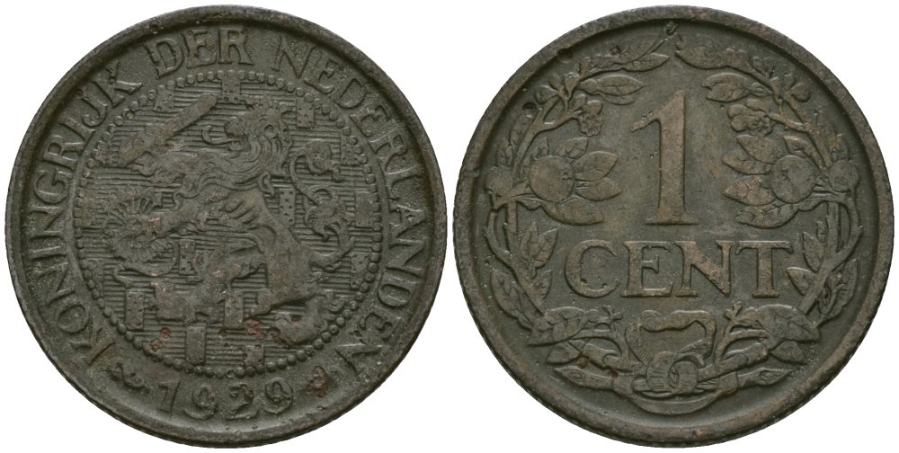 Нидерланды 1 цент 1929 Вильгельмина (1890-1948) KM 152 бронза 4576-1118