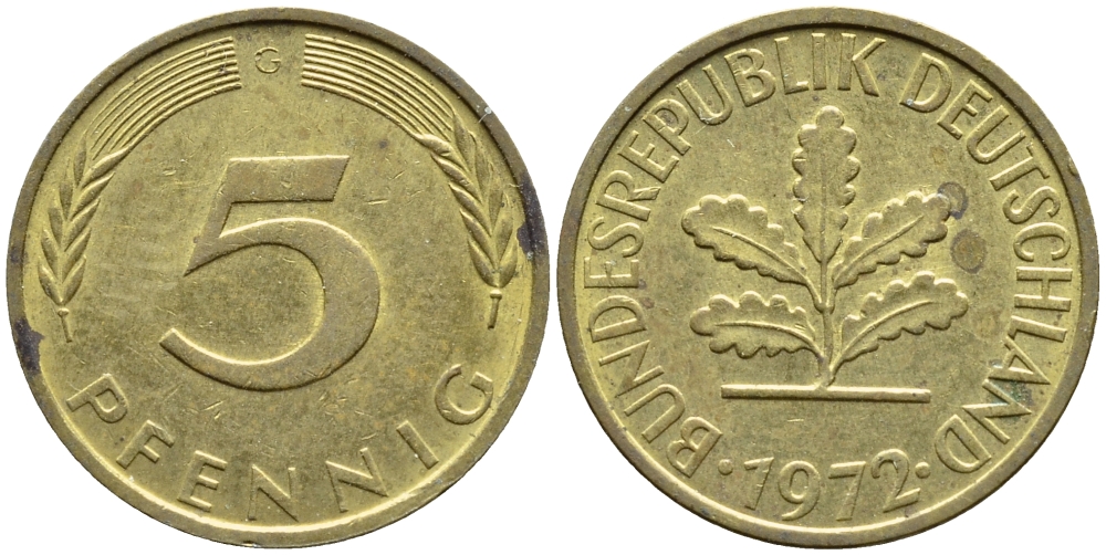 ФРГ 5 ПФЕННИГОВ 1972 G КМ 107 J.382 сталь плакированная бронзой 4392-1044