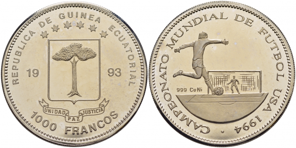 Экваториальная Гвинея 1000 франков 1993 чемпионат мира по футболу KM PN 33 медно-никель PROOF 1078-8-33