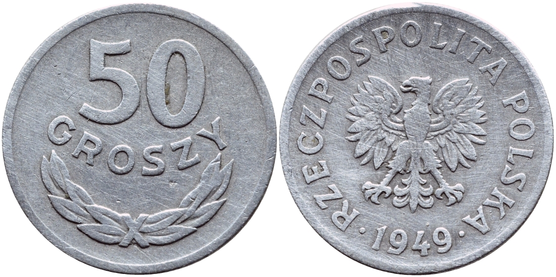 Польша 50 грошей 1949 KM 44а, Parchimowicz 209b алюминий 3459-123