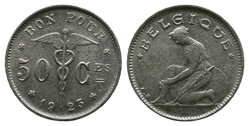 БЕЛЬГИЯ 50 САНТИМОВ 1923 BELGIQUE KM 87 никель 4384-113