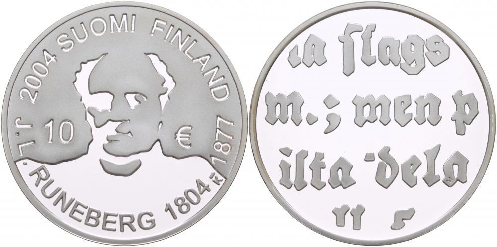 Финляндия 10 евро 2004 200 лет со дня рождения Йохана Людвига Рунеберга, поэт KM 115 серебро  PROOF  11-162-23