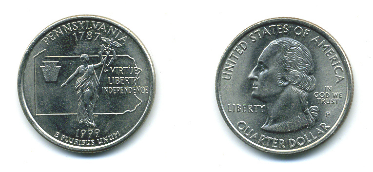 США 25 центов = квотер 1999 Р, серия штаты США, Пенсильвания KM 294 медь плакированная медно-никелем 4388-816